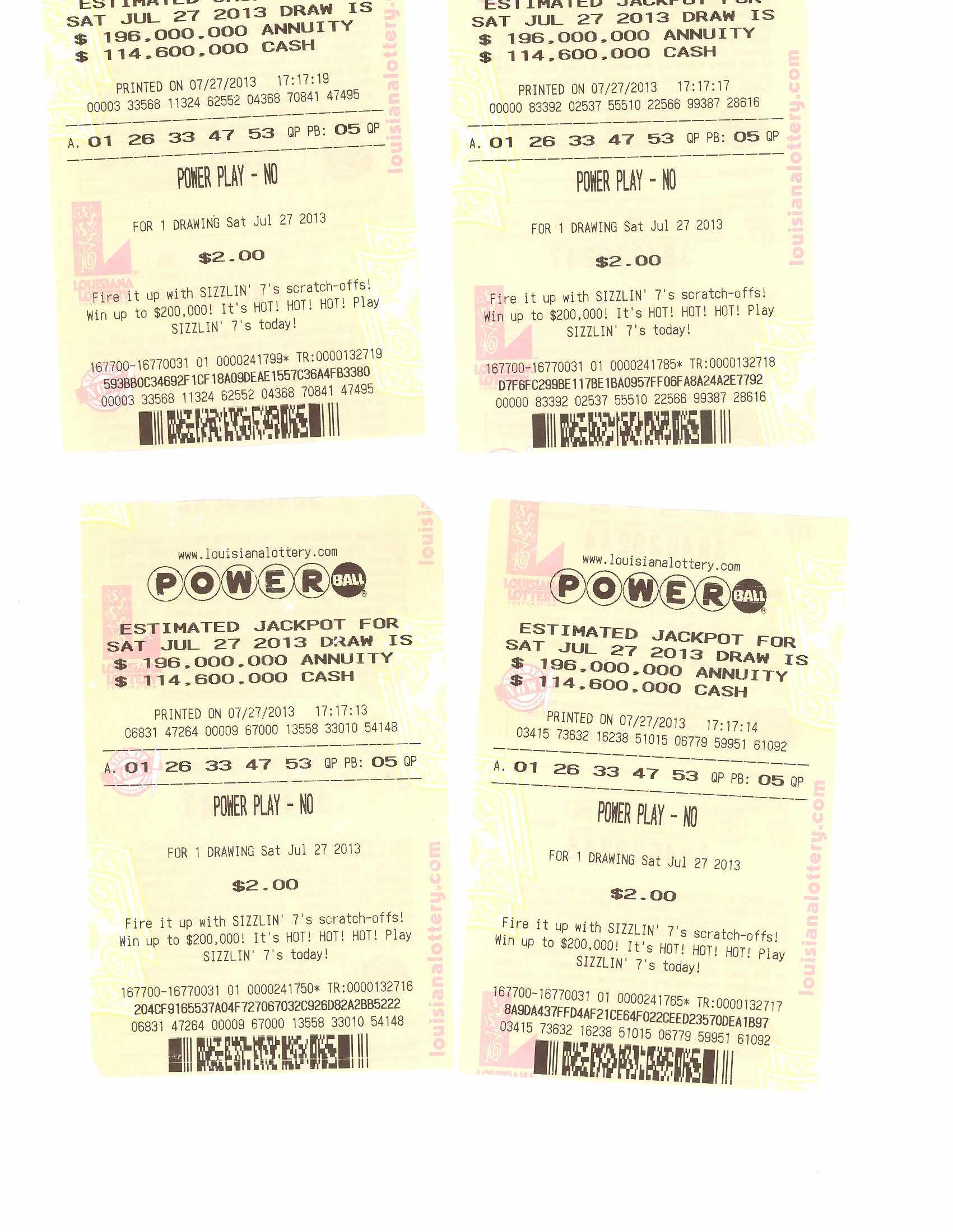 2013 - Duplicate Quick Pick Powerball tickets sold in Louisiana. How very sad.